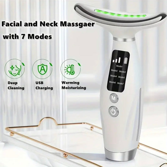 EU Standard 7-Color LED Neck & Face Massager – USB Rechargeable, Portable Skincare Device with Display, Ergonomic Design, Anti-Wrinkle, User-Friendly, Ideal Gift for Women