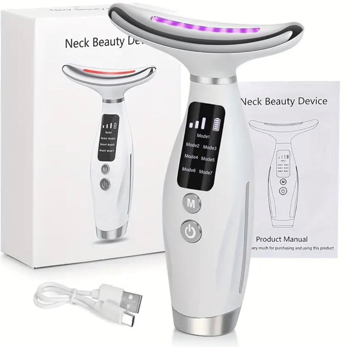 EU Standard 7-Color LED Neck & Face Massager – USB Rechargeable, Portable Skincare Device with Display, Ergonomic Design, Anti-Wrinkle, User-Friendly, Ideal Gift for Women