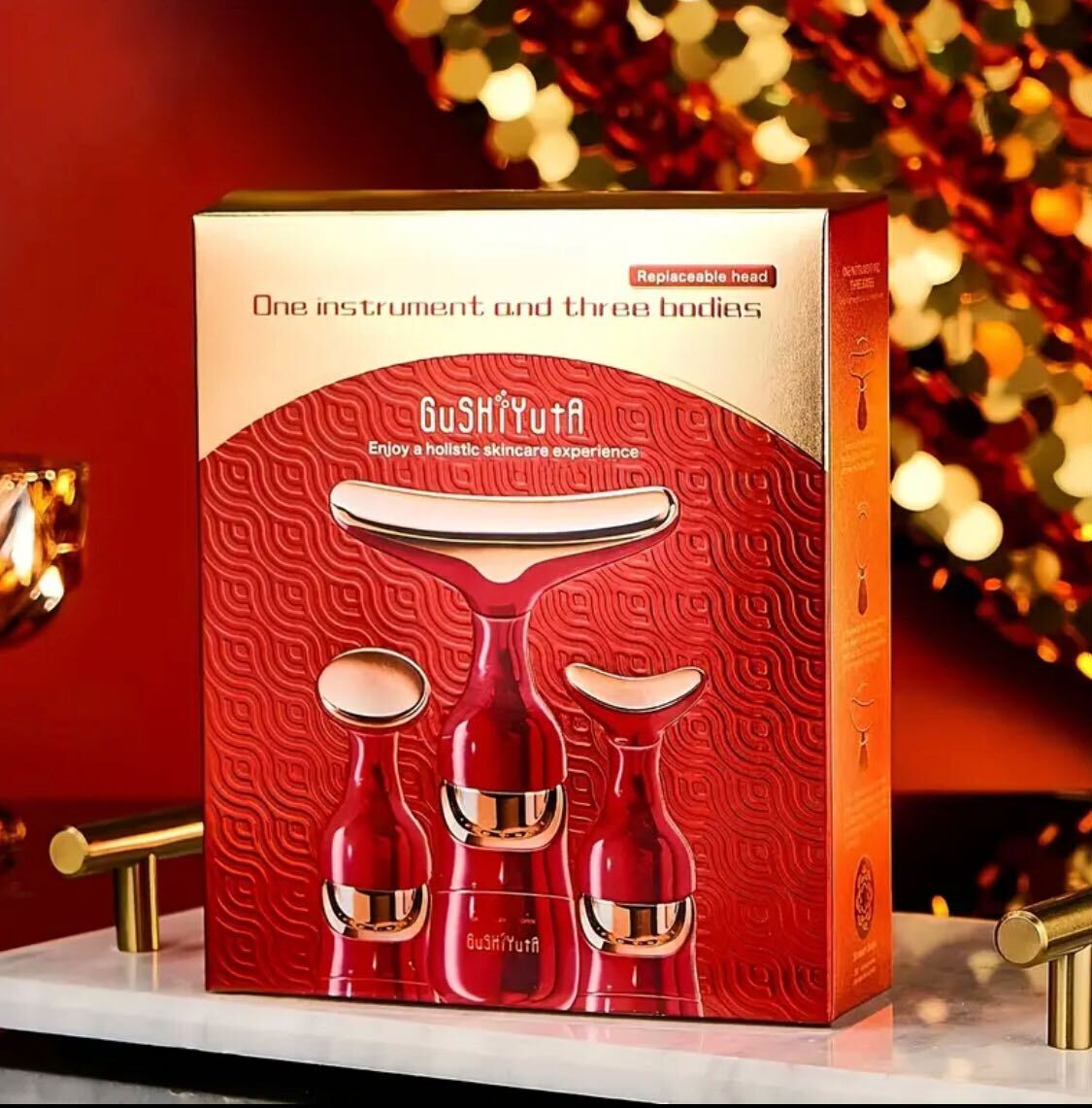 GuShiYuta 3-in-1 Beauty Device – Facial, Eye & Neck Massager with Heat, Red & Golden Design, Ergonomic Handle, Battery-Powered, Portable & Elegant, Ideal Personal Massager for Home Use