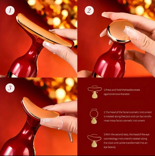 GuShiYuta 3-in-1 Beauty Device – Facial, Eye & Neck Massager with Heat, Red & Golden Design, Ergonomic Handle, Battery-Powered, Portable & Elegant, Ideal Personal Massager for Home Use
