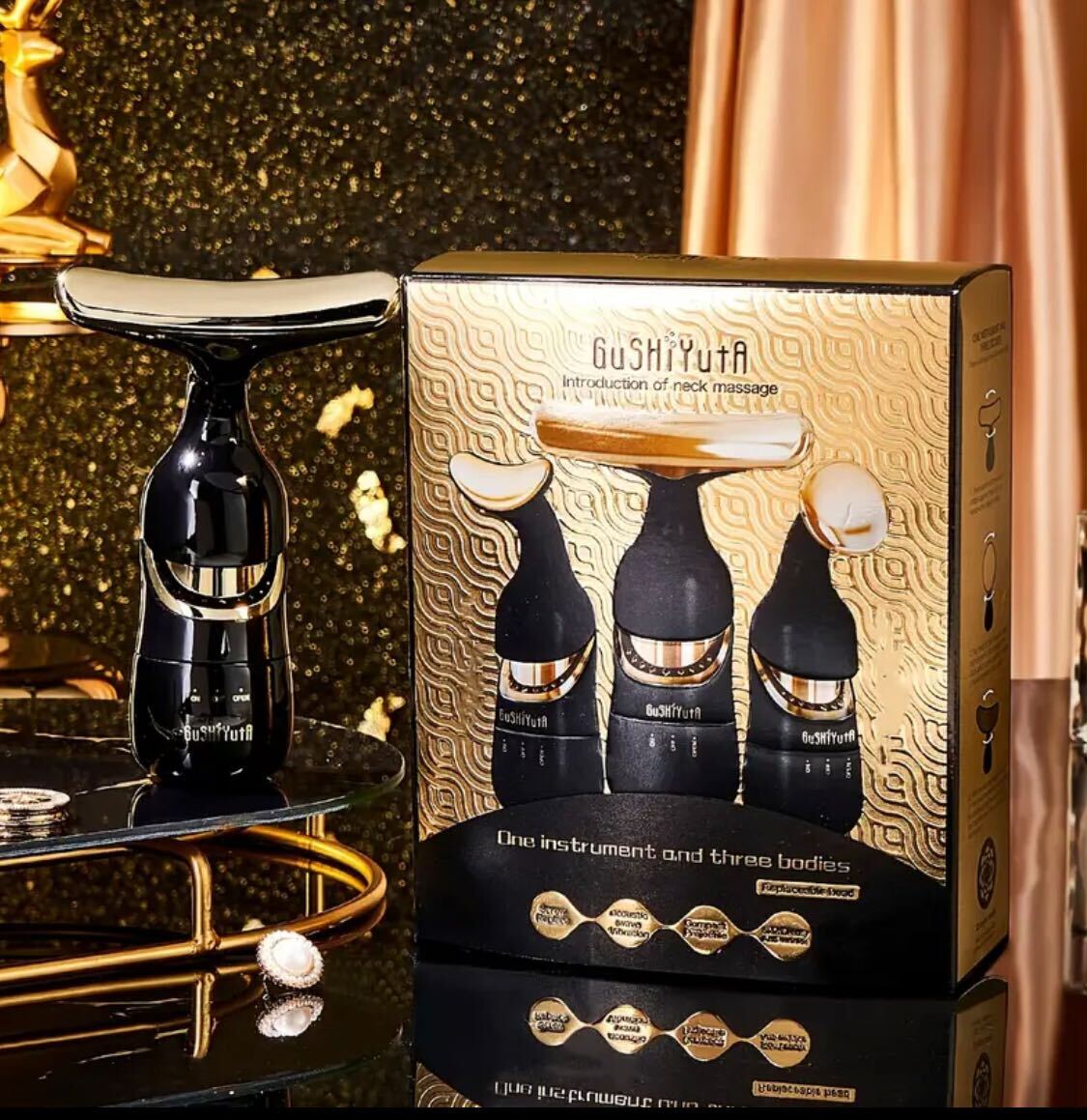 GuShiYuta 3-in-1 Beauty Device – Facial, Eye & Neck Massager with Heat, Red & Gold Design, Ergonomic Handle, Battery-Powered, Portable & Elegant, Ideal Personal Massager for Home Use