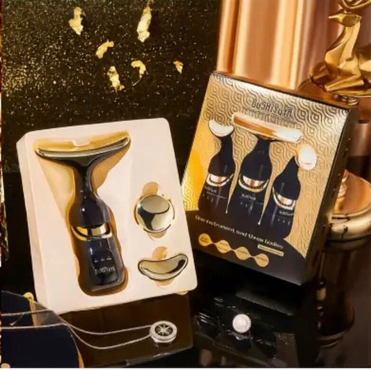 GuShiYuta 3-in-1 Beauty Device – Facial, Eye & Neck Massager with Heat, Red & Gold Design, Ergonomic Handle, Battery-Powered, Portable & Elegant, Ideal Personal Massager for Home Use