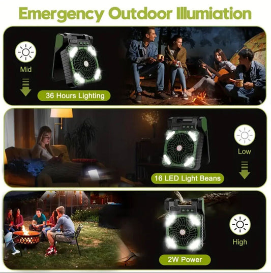 High Quality EU Standard Solar-Powered Emergency Fan with Lighting & Charging Port - Portable Camping Fan for Outdoor, Tabletop Tent Fan with USB Rechargeable Battery, LED Lights, and Power Bank Function, Rechargeable Portable Fan