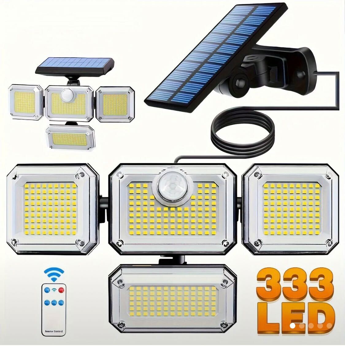 333 LED Outdoor Solar Light, Motion Sensing Solar Wall Light, with Infrared Remote Control 3 Modes Street Light, 4 Headlights Solar Flood Light, Multi-angle Lighting, Suitable for Courtyard, Garage, Porch, Yard, Camp.