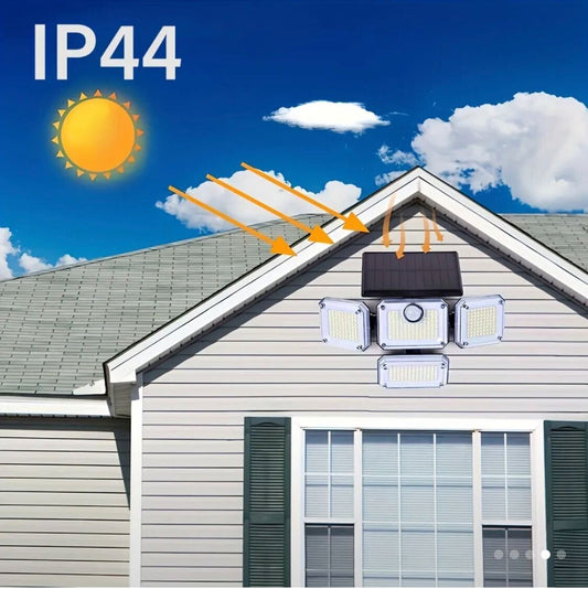 333 LED Outdoor Solar Light, Motion Sensing Solar Wall Light, with Infrared Remote Control 3 Modes Street Light, 4 Headlights Solar Flood Light, Multi-angle Lighting, Suitable for Courtyard, Garage, Porch, Yard, Camp.