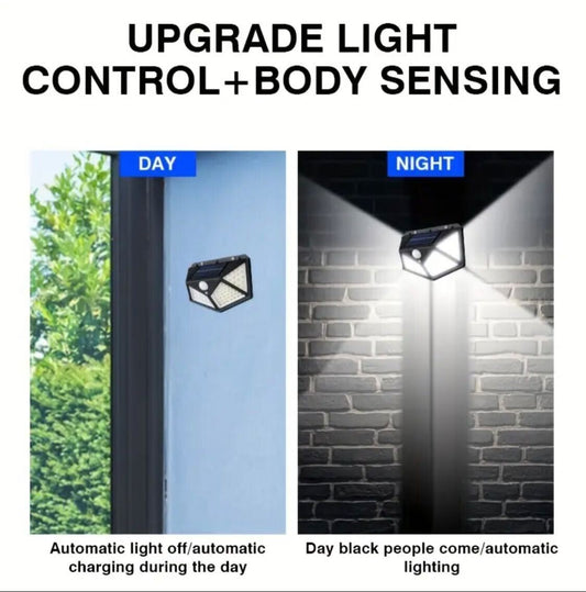 New 100LED wall mounted motion sensor light, intelligent light sensor, solar charging, brightness automatic adjustment, outdoor solar sensor light, four side luminous human sensor wall light. Best for Boundry wall, main gate, backyard.