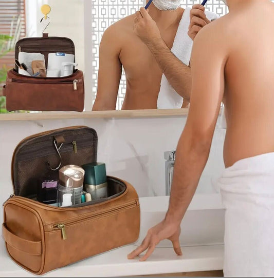 Large Capacity Toiletry Bag for Men - Durable PU, Lightweight & Spill-Proof Travel Organizer with Zipper Closure, Multiple Compartments & Handles - Perfect Christmas or Birthday Gift for Dad, Husband, Grandpa, Lover, Classmate - Dark Brown