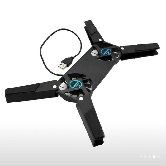 Portable USB Laptop Cooling Stand with Dual Fans, Foldable Design, Silent Operation, Non-Slip Base, ABS Material, Black, Compact & Lightweight for On-the-Go Cooling.