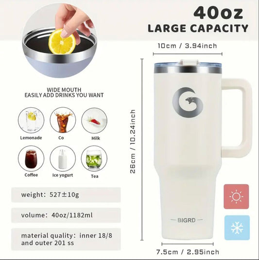 BIGRD 100% Original 40oz Tumbler Smoke Blue with Handle and Straw, 100% Leak-Proof Travel Mug, Stainless Steel Double Wall Vacuum Insulated Coffee Cup, Includes Accessories:2 In 1 Lid, Steel Straw, Cleaner, Carrying Bag, Silicone dust cap