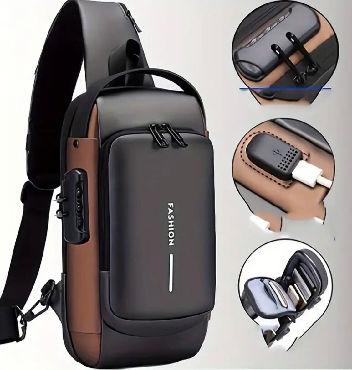 5 pieces Men's Motorcycle Crossbody Bag – Lockable USB Cable Slot, Adjustable Strap, Waterproof, Multi-Compartment | Durable Black/Brown Design | Secure Zipper | Sleek & Strong for Daily Use