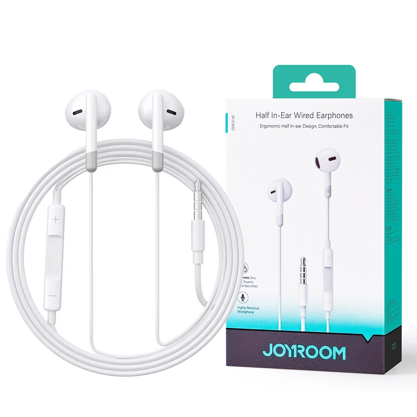 2 pieces Joyroom-ew01 3.5mm Wired Series Half In-ear Wired Earphones White