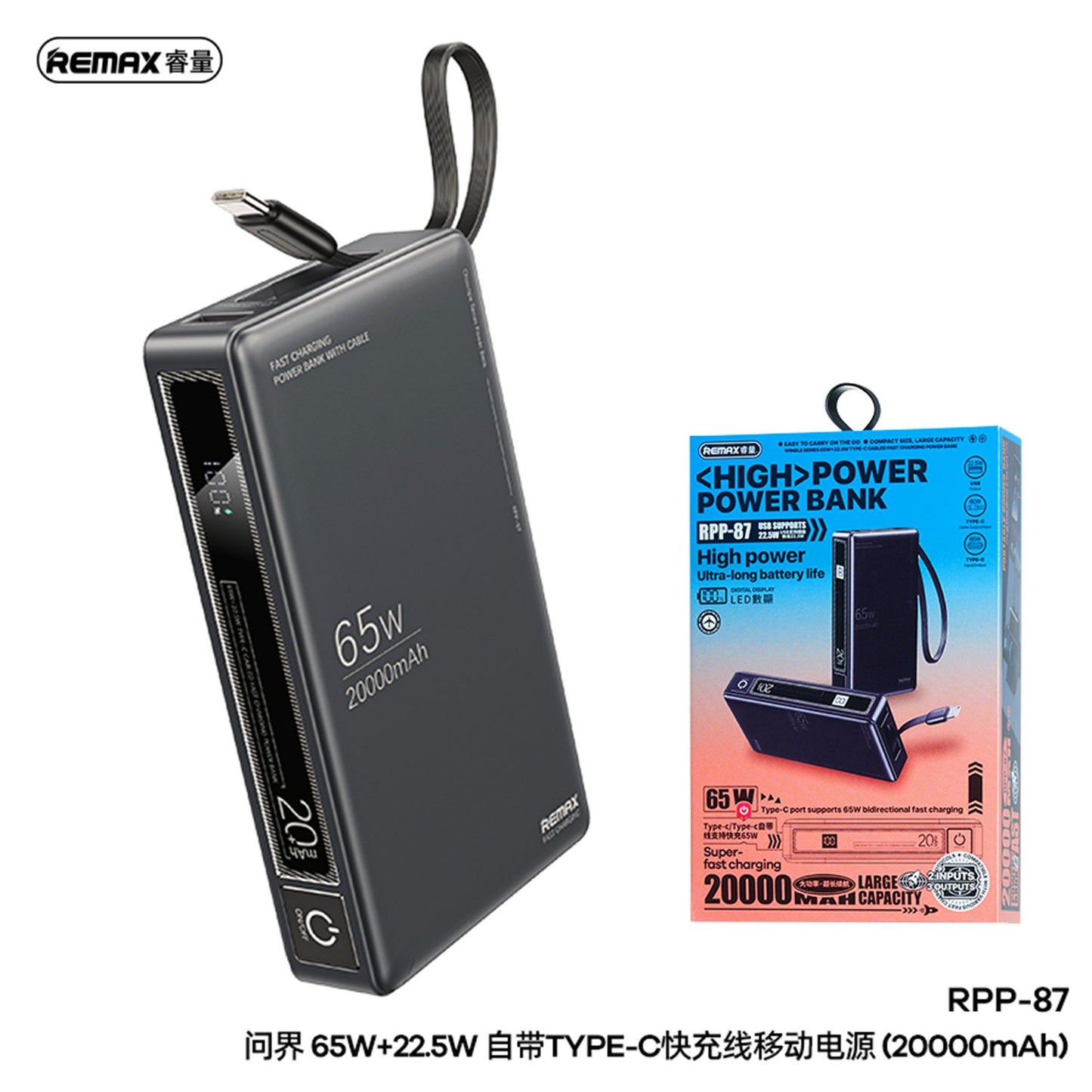 Remax Rpp-87 Wingle Series 65w+22.5w Laptop And Moblie Fast Charging Power Bank 20000 Mah Gray