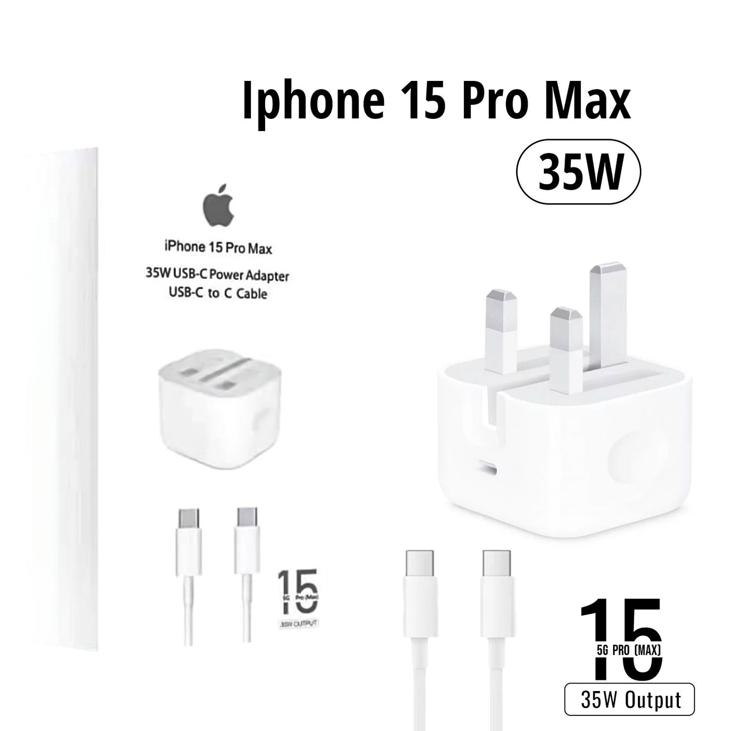 Iphone 15 Pro Max 3 Pin (uk Pin) 35w Usb-c Power Adapter With Usb-c To C Cable