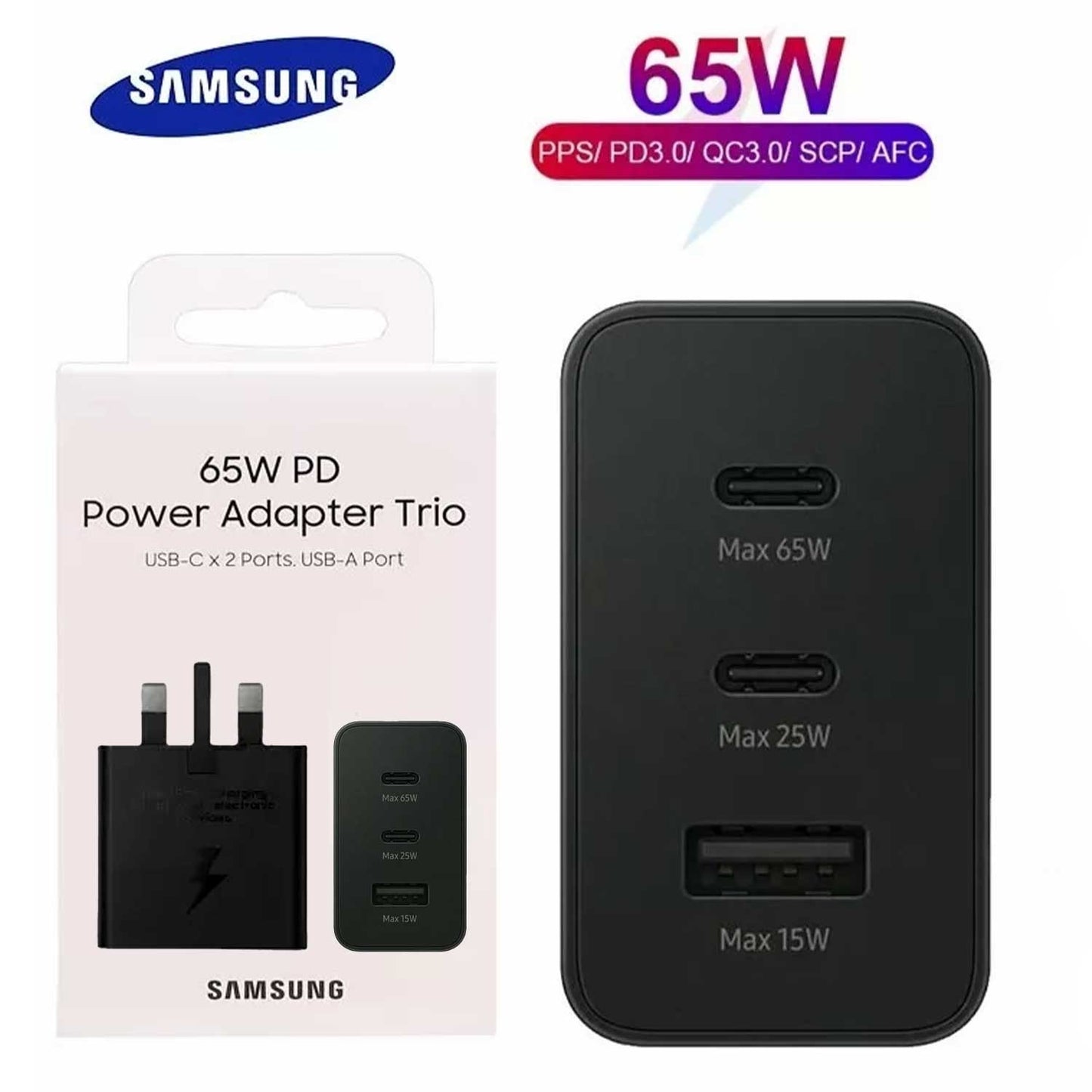 65w Samsung Uk Pin Pd Power Adaptor Trio Usb C X 2ports, Usb-a Port