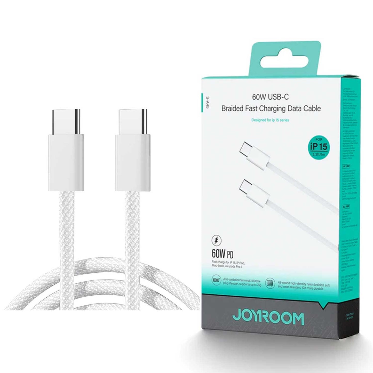 2 pieces S-a45 Ben Series Braided 60w Fast Charging Data Cable (type-c To Type-c) 1m-white