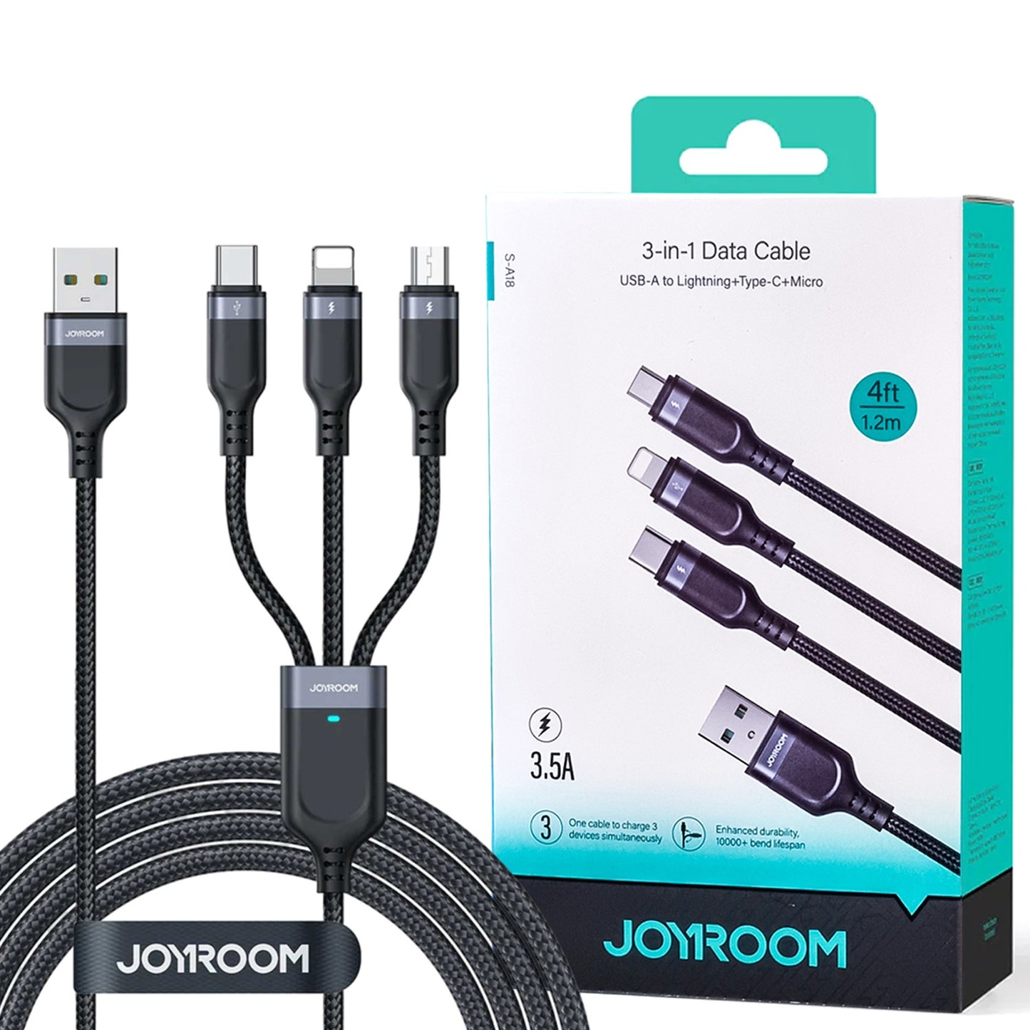 Joyroom S-1t3018a18 Multi-use 3.5a Usb-a To Lightning+type-c+micro 3-in-1 Data Cable1 2m-black