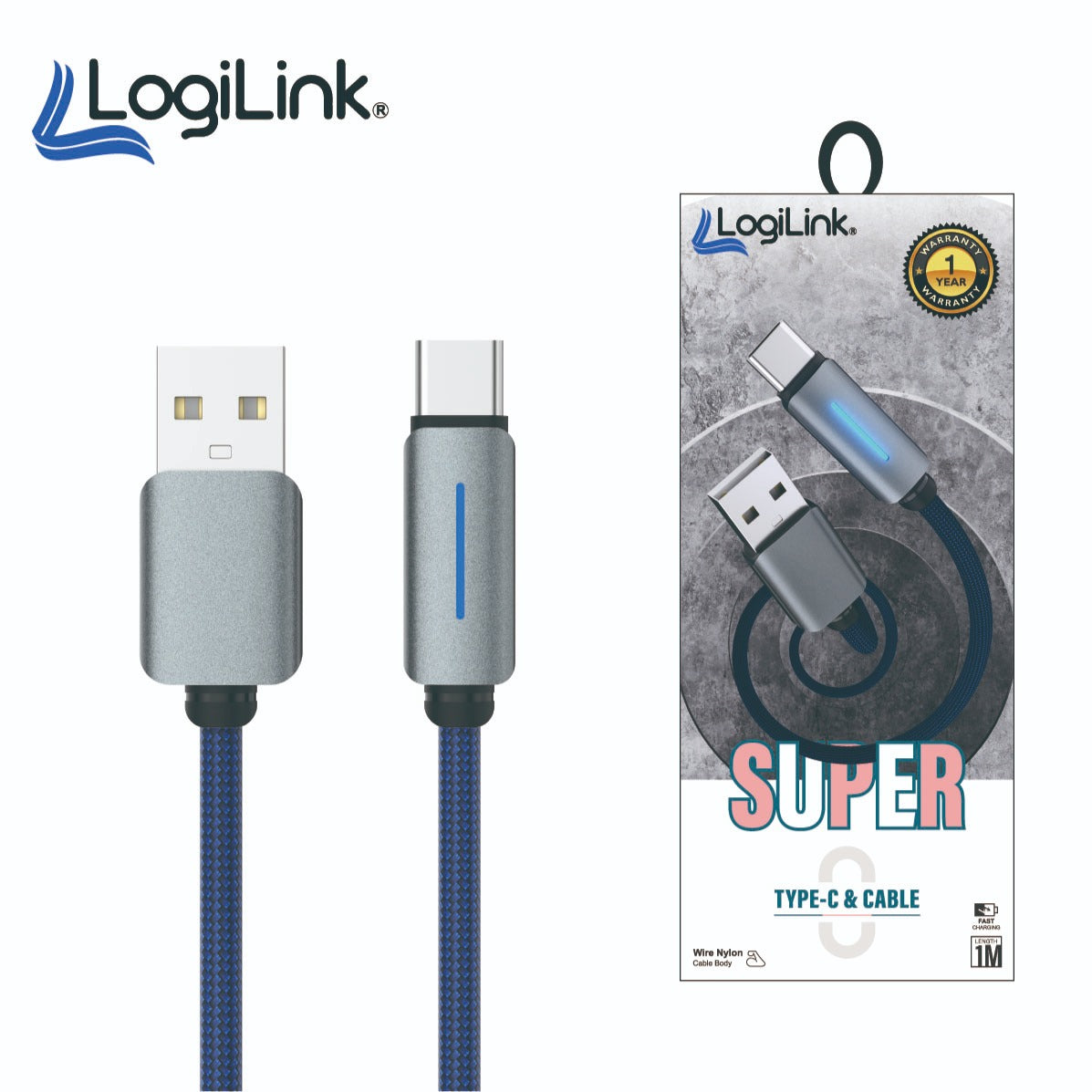 3 pieces Logilink Usb To Type C Nylon Fast Charging Data Cable With Light 1m (1 Year Warranty)