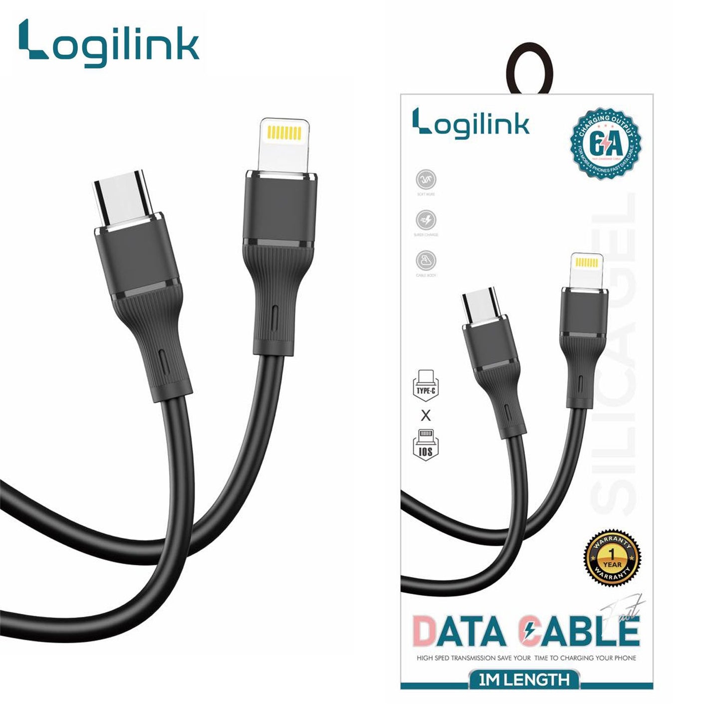 2 pieces Logilink Type C To Lightning Silicone Fast Charging Data Cable 1m (1 Year Warranty) Black