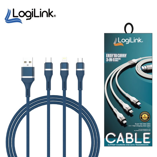 2 pieces Logilink 3in1 Usb To Micro/type C/iphone Nylon Data Cable 6a Fast Charging 1m 1 Year Warranty Black