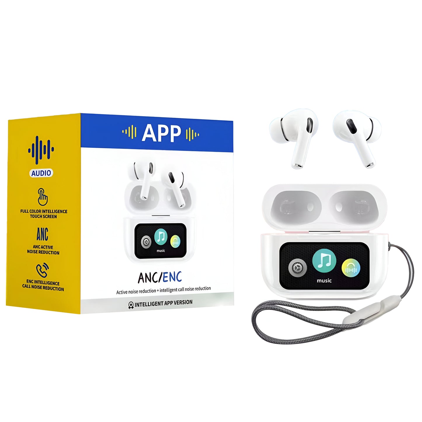 A9 PRO APP ANC/ENC DISPLAY TOUCH CONTROL BT 5.4 Wireless EARBUDS WITH ZWSVIBE APP WHITE