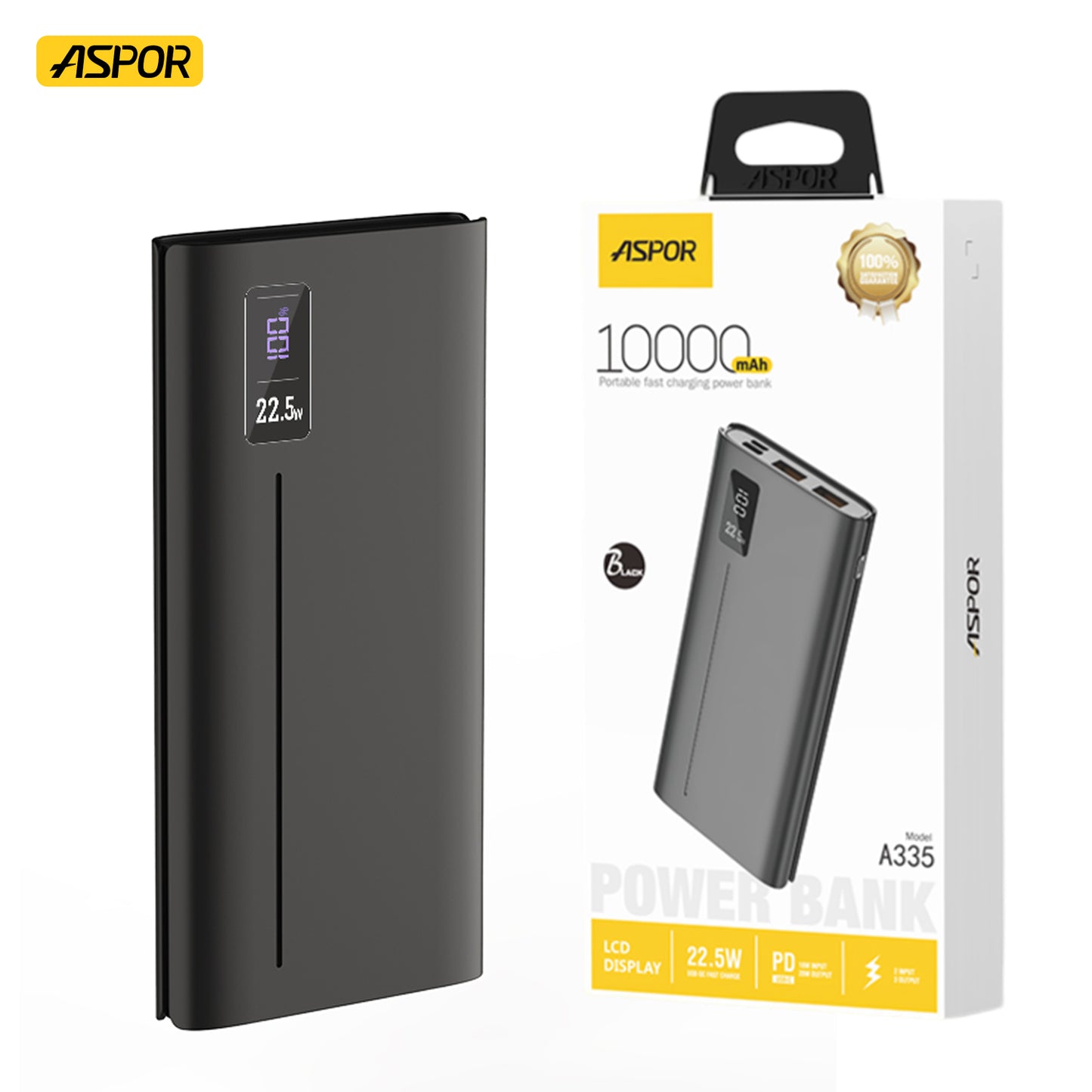 ASPOR A335 POWER BANK 10000MAH 22.5W PD+QC 3.0 WITH LCD DIGITAL DISPLAY