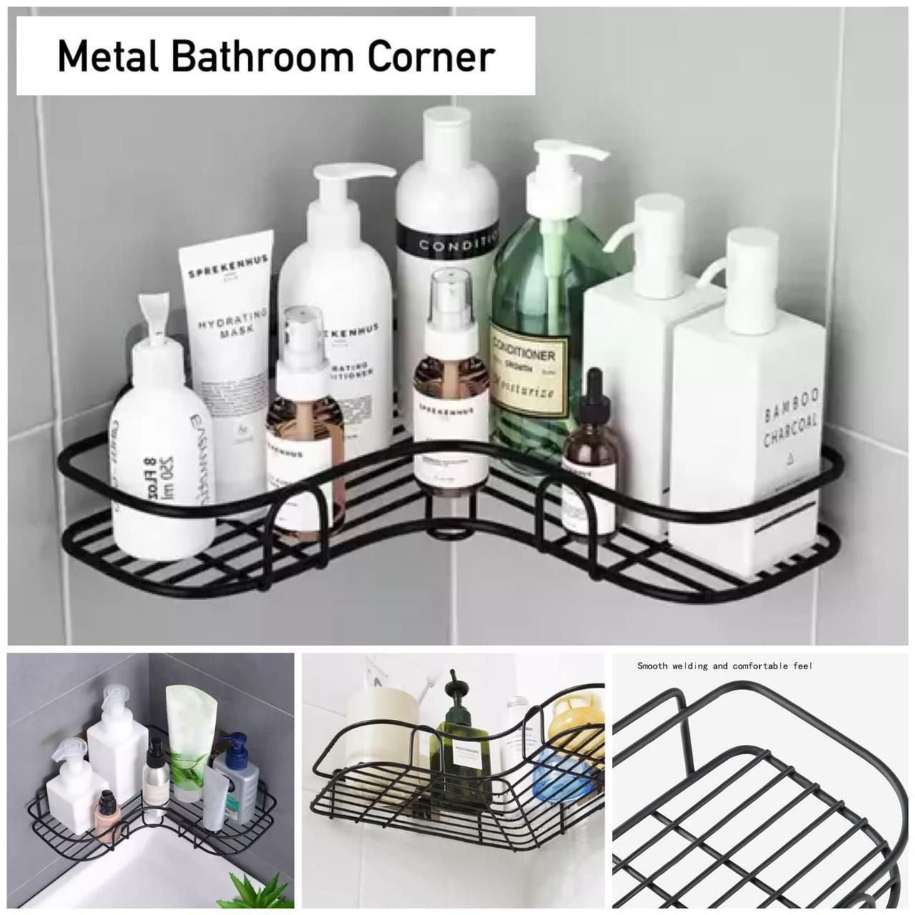 2 pieces Bathroom Kitchen Punch Corner Frame Shower Shelf Wrought Iron Shampoo Storage Rack