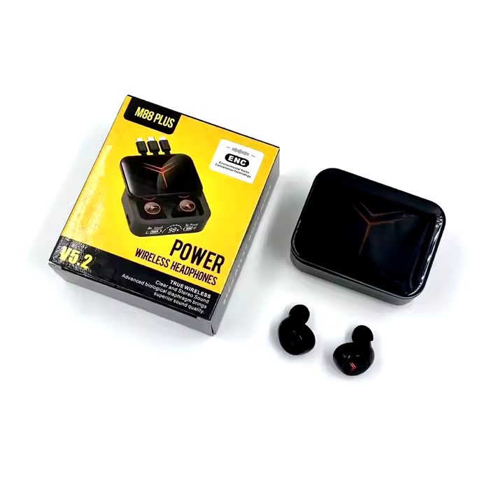 M88 Plus TWS Wireless Earbuds – LED Display, Type-C, Low Latency 9D Stereo HIFI Sound, Bluetooth Headset with Power Bank, Includes 3 Cables for High-Quality Audio & Long Battery Backup.