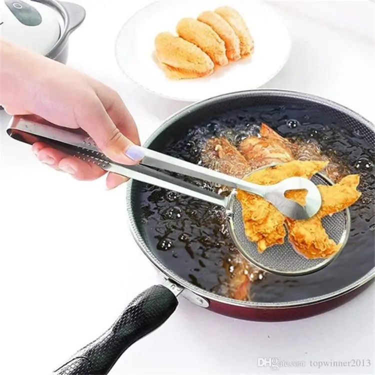 4 pieces Fry Tool Filter Spoon Strainer With Clip Oil Frying BBQ Filter Stainless Steel Mesh Strainer Kitchen Tool Frying Mesh Colander Quick Strain Stainless Steel Tong Colander BEST HIGH QUALITY