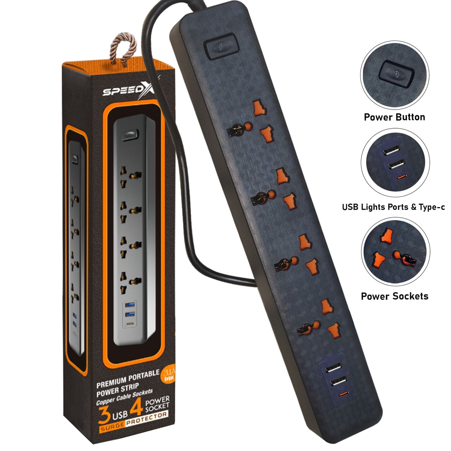 New 403puc Speed-X Premium Portable Power Strip 4socket+2usb+1type-C Port