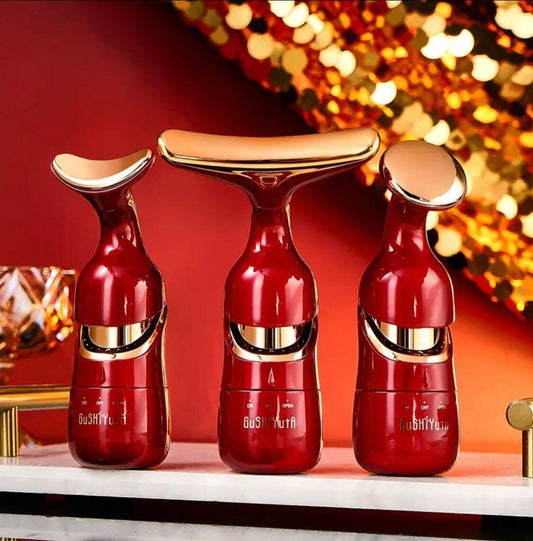GuShiYuta 3-in-1 Beauty Device – Facial, Eye & Neck Massager with Heat, Red & Golden Design, Ergonomic Handle, Battery-Powered, Portable & Elegant, Ideal Personal Massager for Home Use