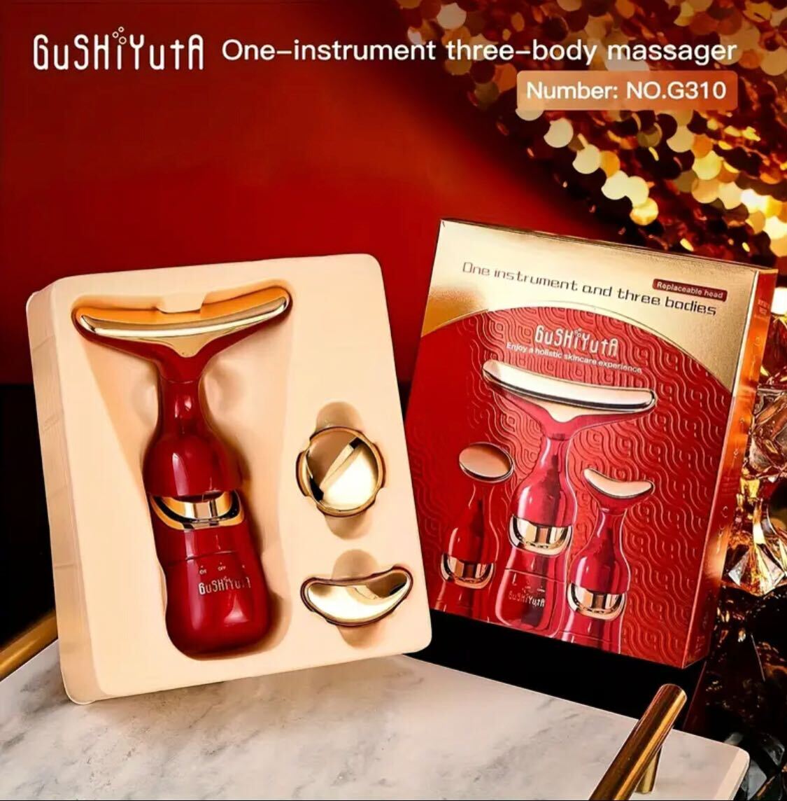 GuShiYuta 3-in-1 Beauty Device – Facial, Eye & Neck Massager with Heat, Red & Golden Design, Ergonomic Handle, Battery-Powered, Portable & Elegant, Ideal Personal Massager for Home Use