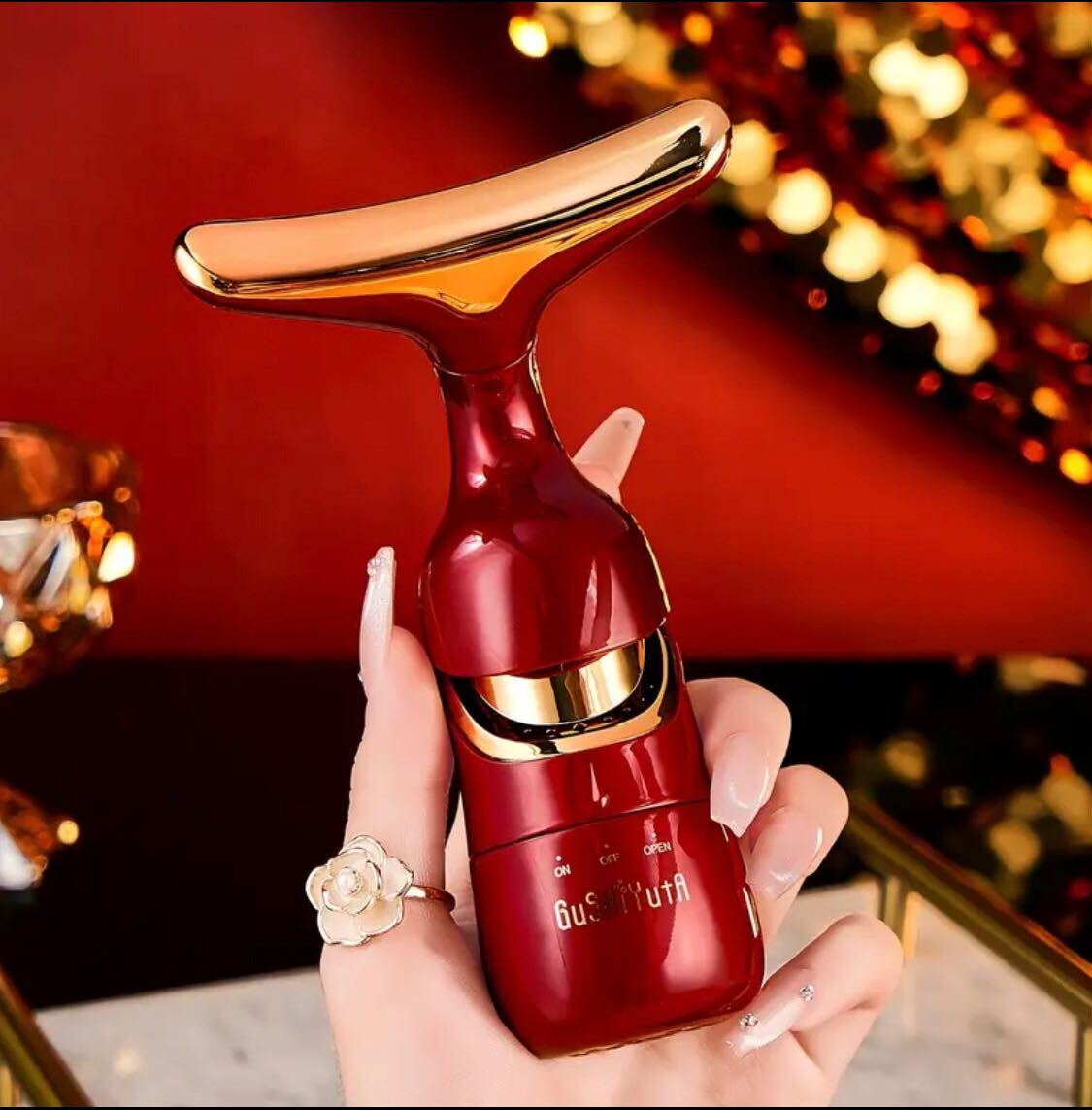 GuShiYuta 3-in-1 Beauty Device – Facial, Eye & Neck Massager with Heat, Red & Golden Design, Ergonomic Handle, Battery-Powered, Portable & Elegant, Ideal Personal Massager for Home Use