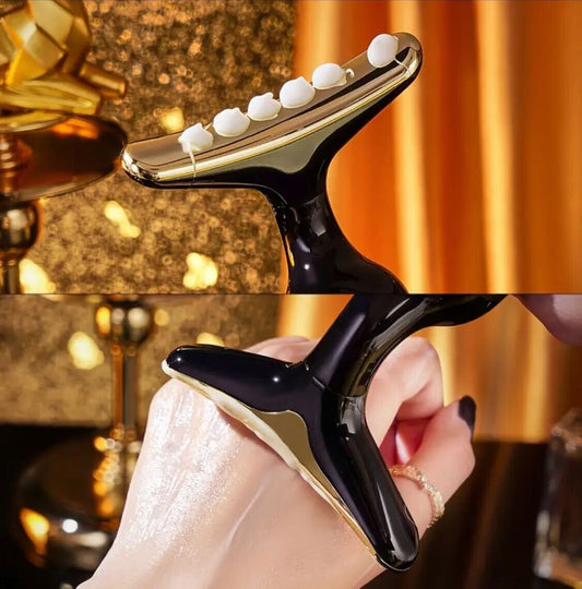 GuShiYuta 3-in-1 Beauty Device – Facial, Eye & Neck Massager with Heat, Red & Gold Design, Ergonomic Handle, Battery-Powered, Portable & Elegant, Ideal Personal Massager for Home Use