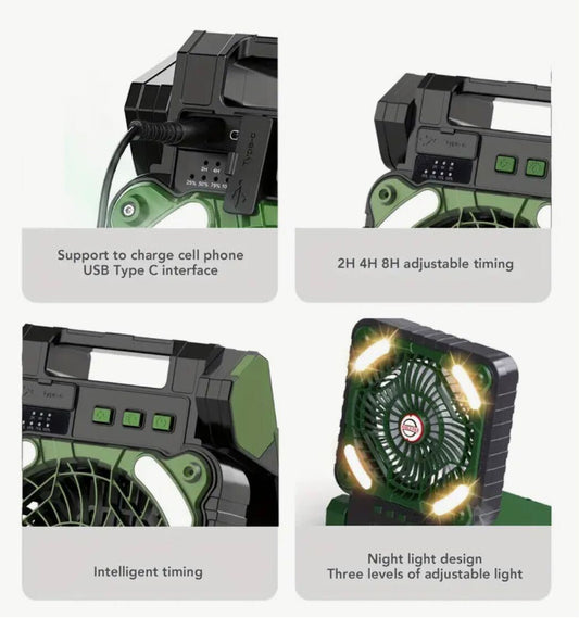 High Quality EU Standard Solar-Powered Emergency Fan with Lighting & Charging Port - Portable Camping Fan for Outdoor, Tabletop Tent Fan with USB Rechargeable Battery, LED Lights, and Power Bank Function, Rechargeable Portable Fan