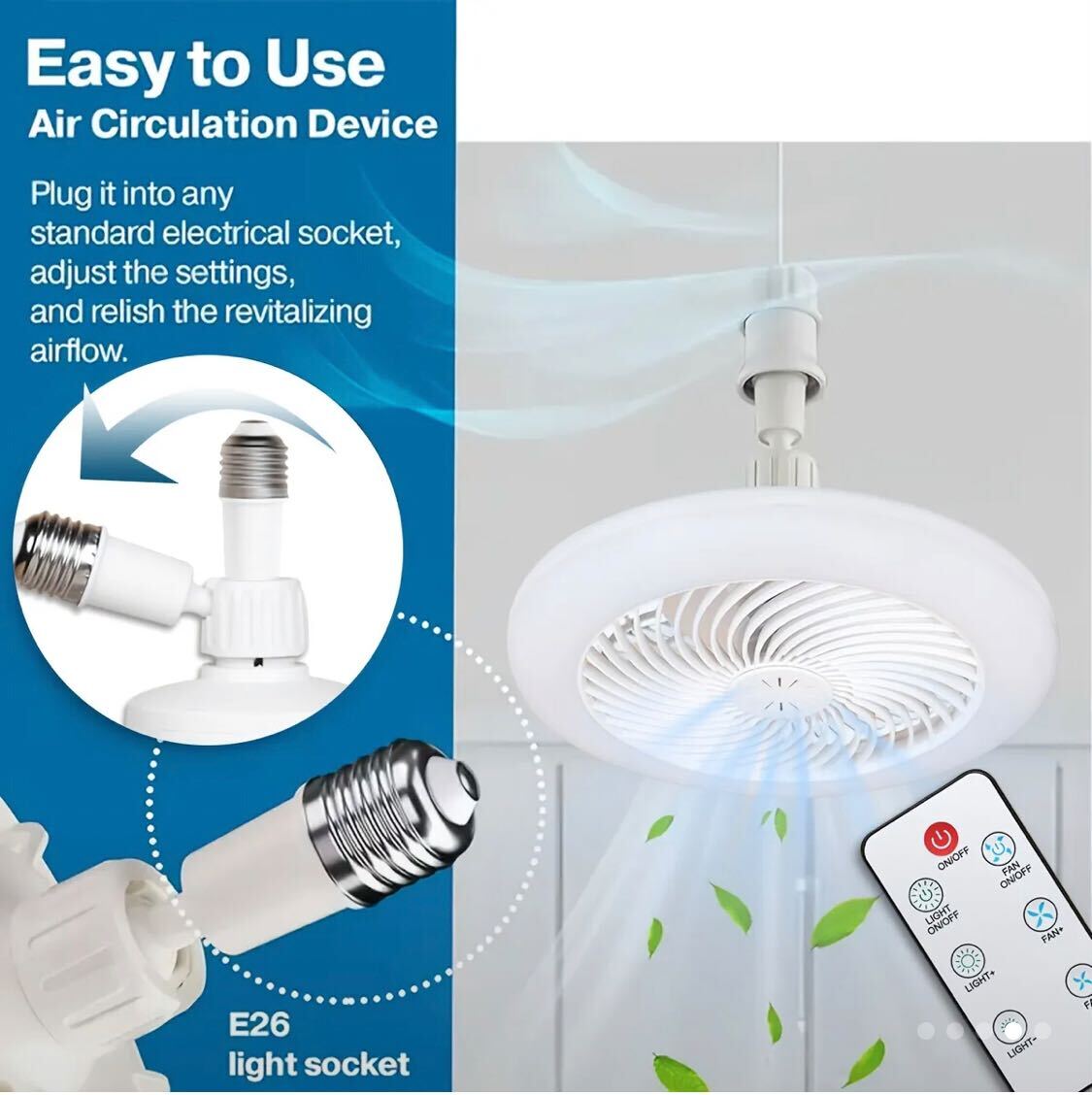 10-Inch LED Bulb Fan with Light – 50W, Remote-Controlled, 3-Speed, 3 Color Modes (3000K–6500K), E26 Socket | Dimmable, Wireless Ceiling Fan for Bedroom, Kitchen, Closet | Modern White Design