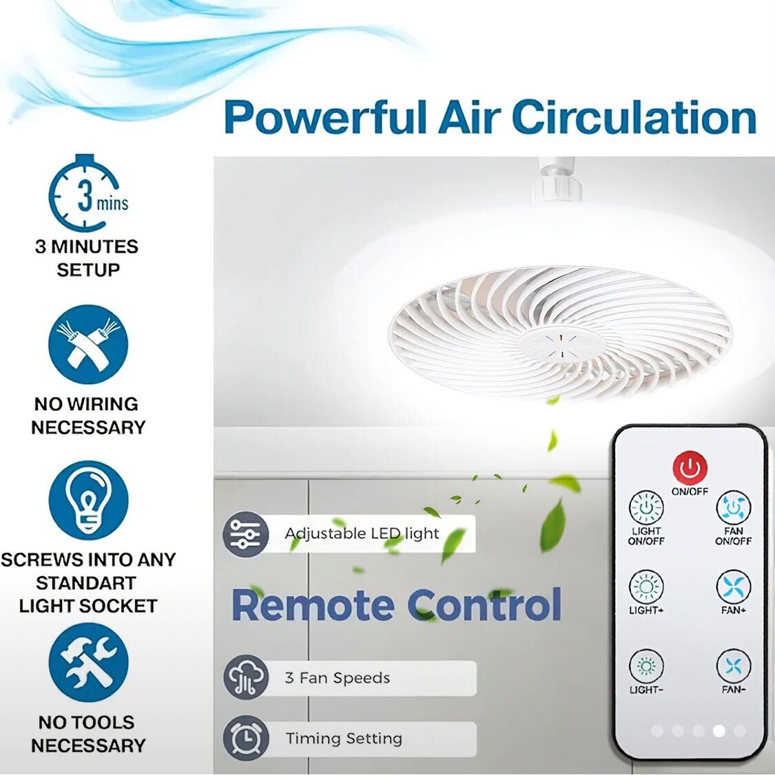 10-Inch LED Bulb Fan with Light – 50W, Remote-Controlled, 3-Speed, 3 Color Modes (3000K–6500K), E26 Socket | Dimmable, Wireless Ceiling Fan for Bedroom, Kitchen, Closet | Modern White Design