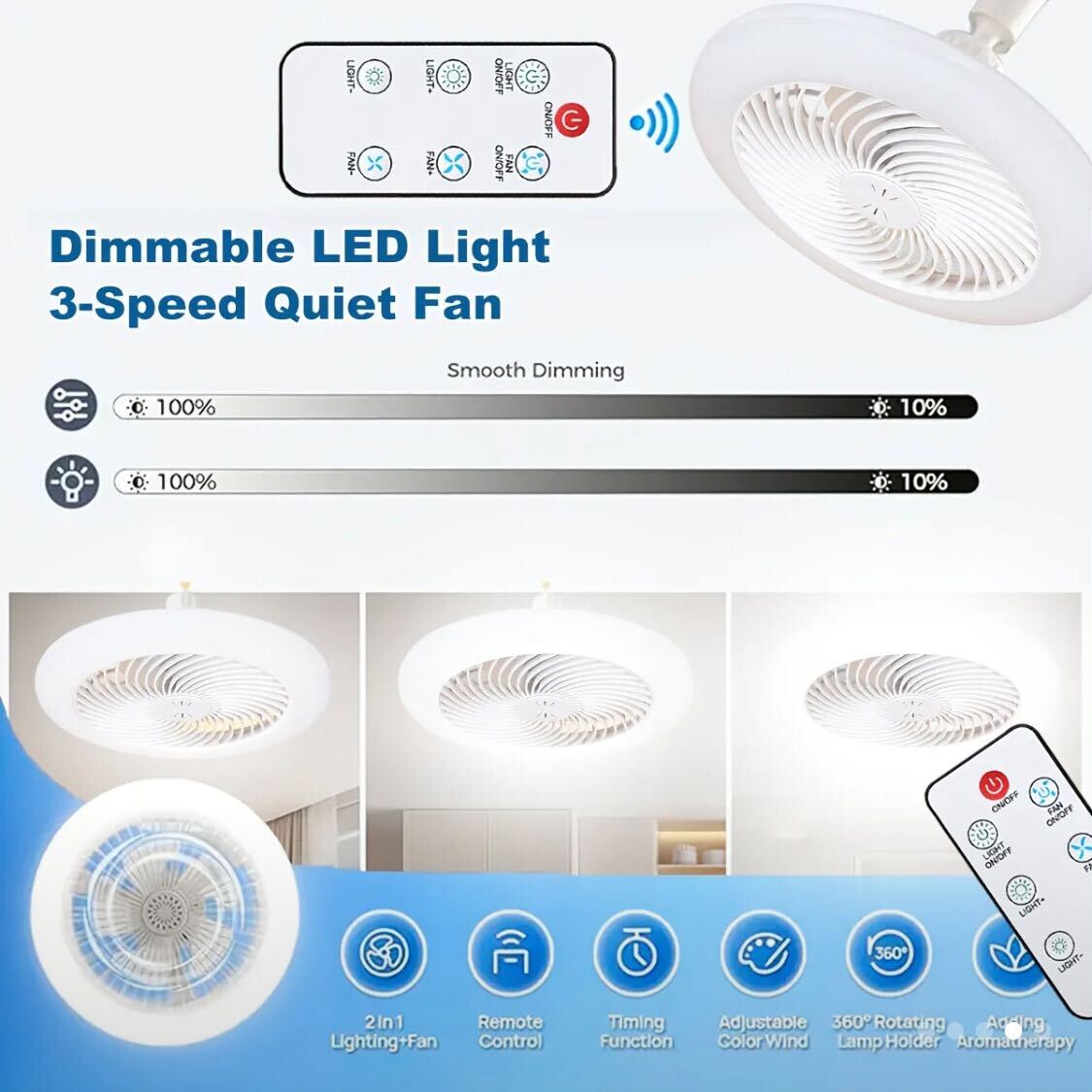 10-Inch LED Bulb Fan with Light – 50W, Remote-Controlled, 3-Speed, 3 Color Modes (3000K–6500K), E26 Socket | Dimmable, Wireless Ceiling Fan for Bedroom, Kitchen, Closet | Modern White Design