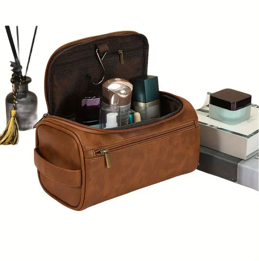 Large Capacity Toiletry Bag for Men - Durable PU, Lightweight & Spill-Proof Travel Organizer with Zipper Closure, Multiple Compartments & Handles - Perfect Christmas or Birthday Gift for Dad, Husband, Grandpa, Lover, Classmate - Dark Brown