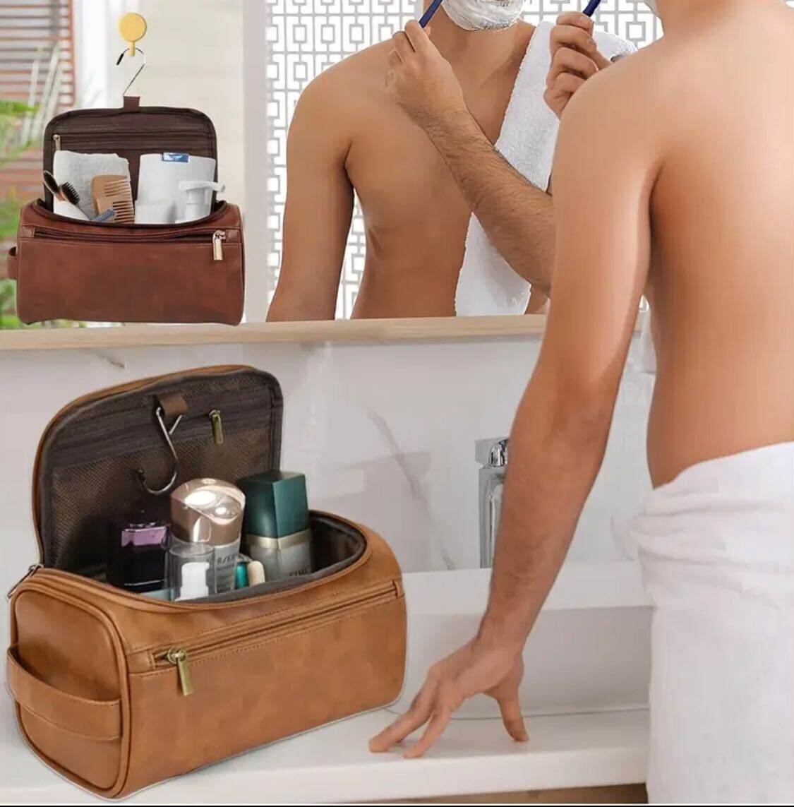 Large Capacity Toiletry Bag for Men - Durable PU, Lightweight & Spill-Proof Travel Organizer with Zipper Closure, Multiple Compartments & Handles - Perfect Christmas or Birthday Gift for Dad, Husband, Grandpa, Lover, Classmate - Dark Brown