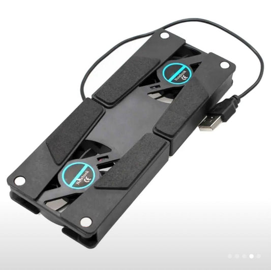 Portable USB Laptop Cooling Stand with Dual Fans, Foldable Design, Silent Operation, Non-Slip Base, ABS Material, Black, Compact & Lightweight for On-the-Go Cooling.