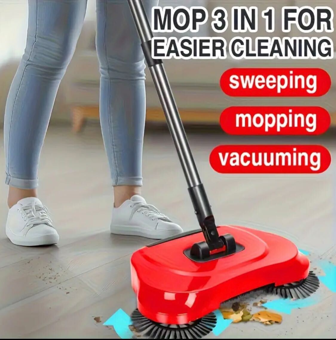 4 pieces Multi-Function Manual Broom and Vacuum Combo – Long Handle Design with Automatic Deep Cleaning System for Efficient Sweeping, Mopping, and Dusting – Suitable for Hardwood Floors, Tile Surfaces, Kitchens, and Offices, Ideal for 5 Rooms.