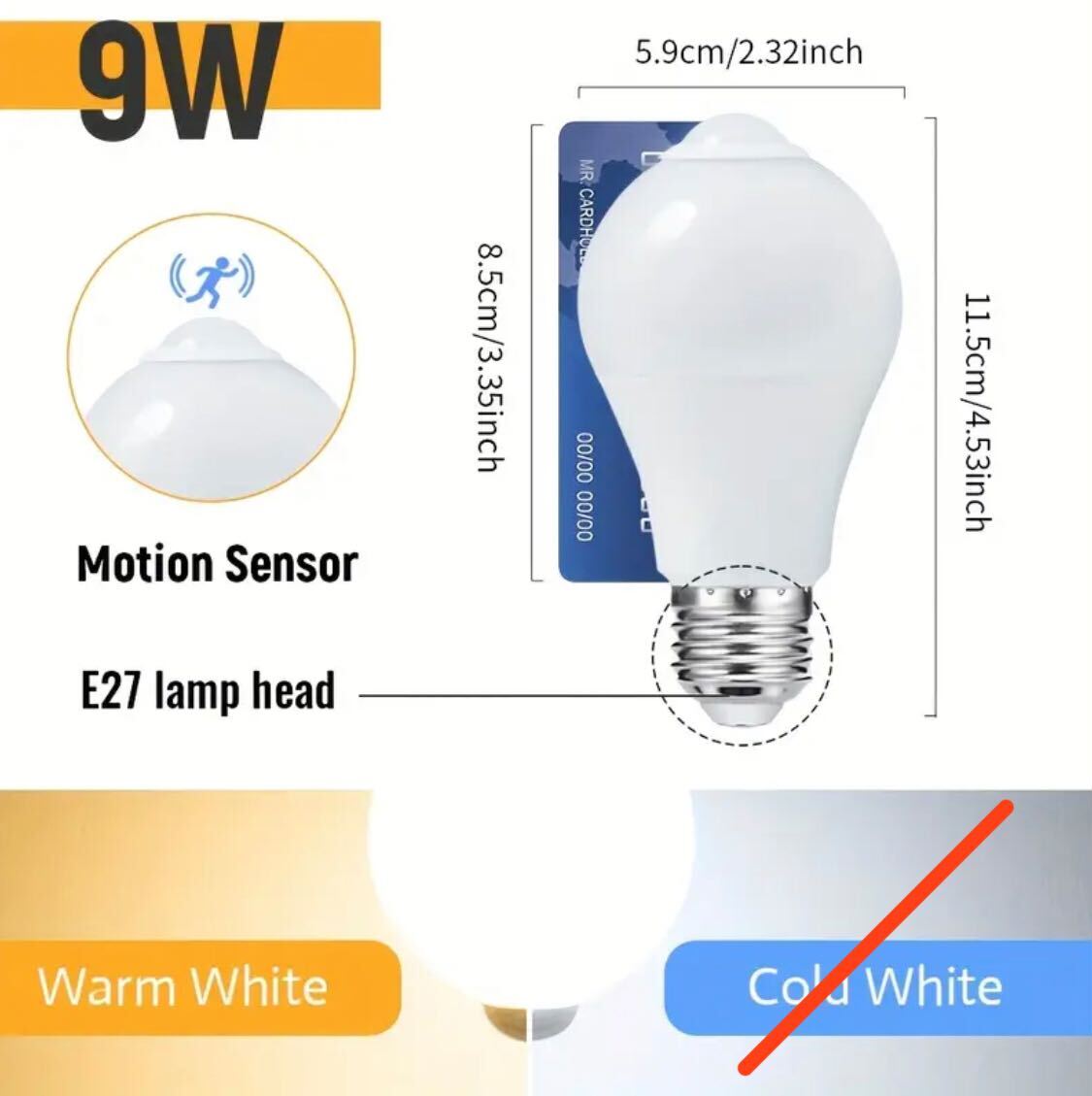 HUADENG 9W Motion Sensor Light Bulb – EU Standard, AC175-265V, Auto On/Off Dusk to Dawn | Easy Installation | Warm White Indoor Light for Balcony, Bathroom | Incandescent Bulb Replacement