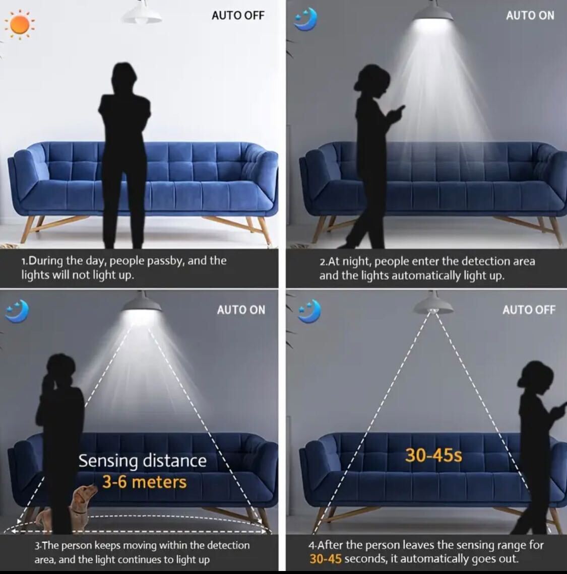 HUADENG 9W Motion Sensor Light Bulb – EU Standard, AC175-265V, Auto On/Off Dusk to Dawn | Easy Installation | Warm White Indoor Light for Balcony, Bathroom | Incandescent Bulb Replacement
