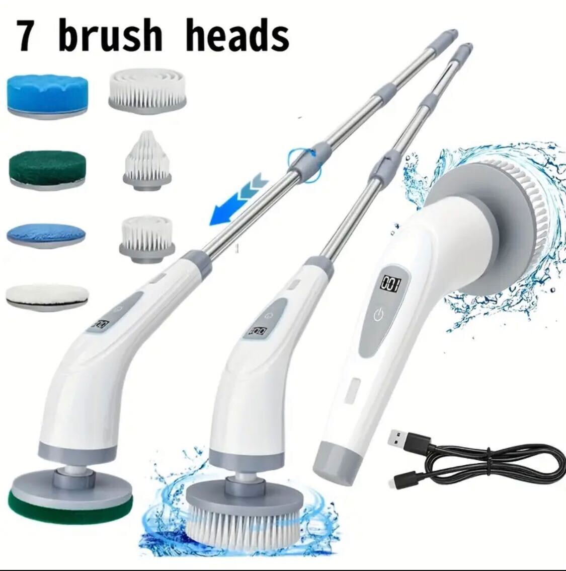 EU Standard Electric Rotating Scrubber – Cordless, Rechargeable, 2-Speed Cleaner with Adjustable Handle & 7 Brush Heads | For Floor, Bathroom, Tile, Bathtub, Walls, Roof & Carpet Cleaning