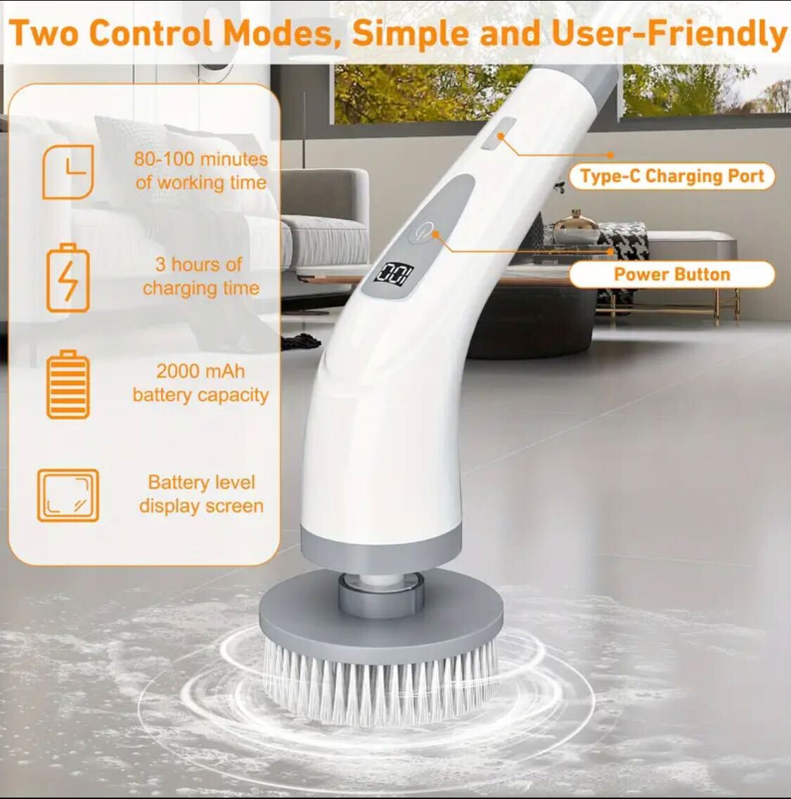 EU Standard Electric Rotating Scrubber – Cordless, Rechargeable, 2-Speed Cleaner with Adjustable Handle & 7 Brush Heads | For Floor, Bathroom, Tile, Bathtub, Walls, Roof & Carpet Cleaning