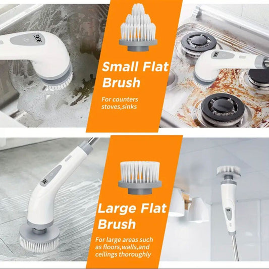 EU Standard Electric Rotating Scrubber – Cordless, Rechargeable, 2-Speed Cleaner with Adjustable Handle & 7 Brush Heads | For Floor, Bathroom, Tile, Bathtub, Walls, Roof & Carpet Cleaning