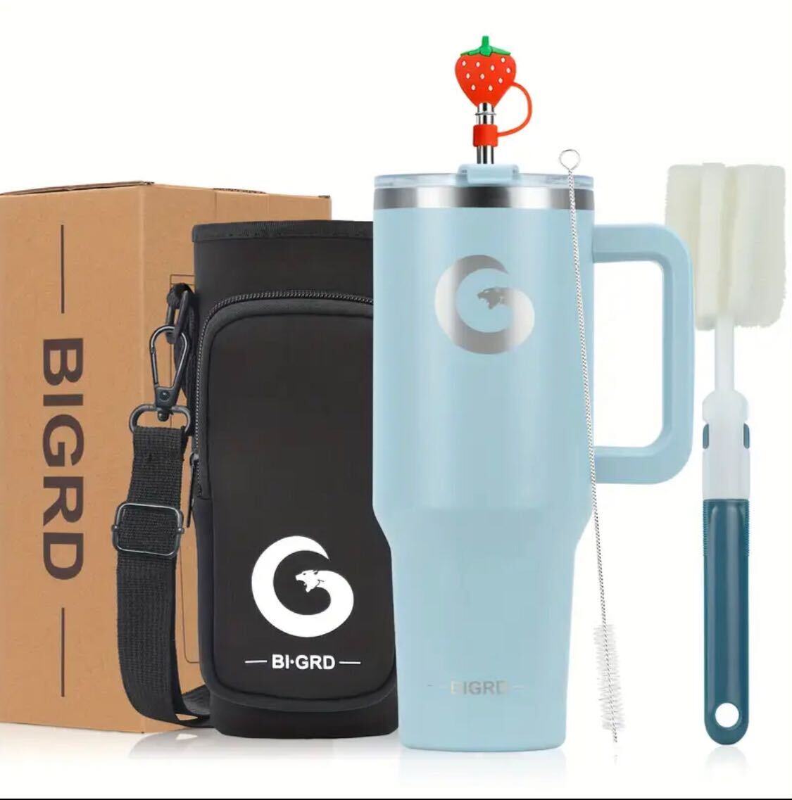 BIGRD 100% Original 40oz Tumbler Smoke Blue with Handle and Straw, 100% Leak-Proof Travel Mug, Stainless Steel Double Wall Vacuum Insulated Coffee Cup, Includes Accessories:2 In 1 Lid, Steel Straw, Cleaner, Carrying Bag, Silicone dust cap