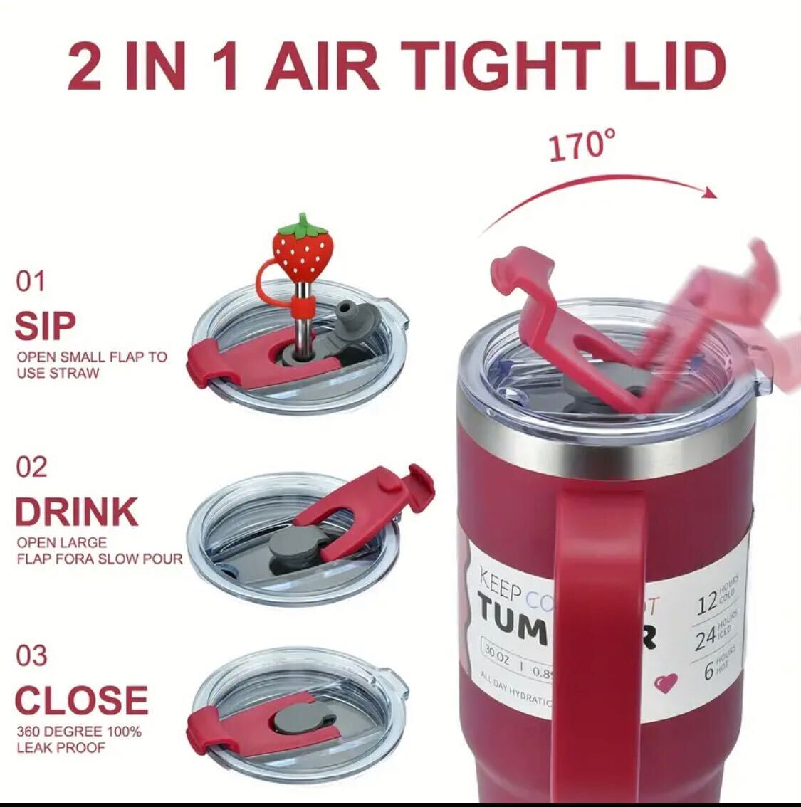 WATERSY 30oz Tumbler – 100% Original 304 Stainless Steel, Vacuum Insulated, Leak-Proof 2-in-1 Lid, Straw & Brush Included, Dishwasher Safe, Durable Red Drinkware, Ideal Gift Option