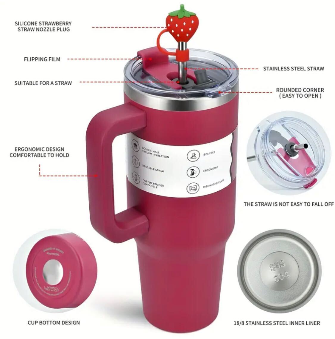 WATERSY 30oz Tumbler – 100% Original 304 Stainless Steel, Vacuum Insulated, Leak-Proof 2-in-1 Lid, Straw & Brush Included, Dishwasher Safe, Durable Red Drinkware, Ideal Gift Option