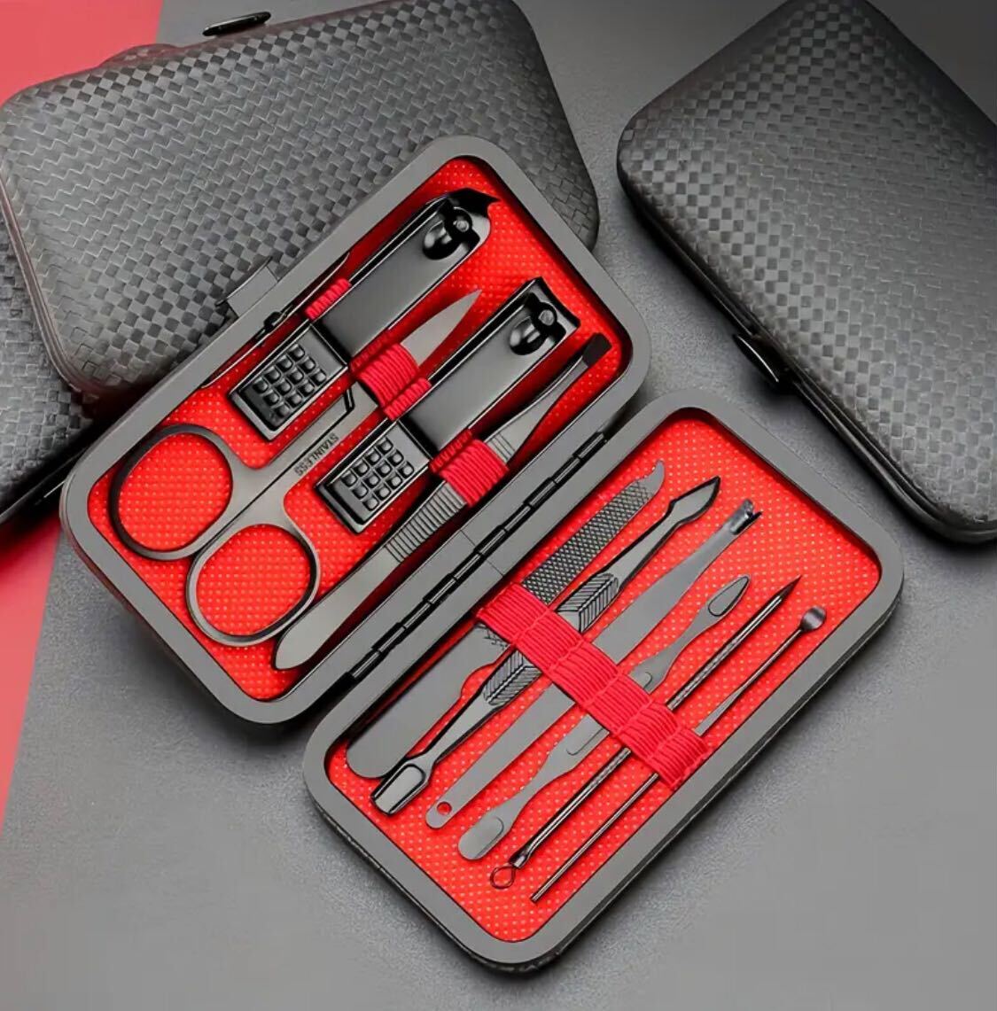 10pcs Luxury Manicure & Pedicure Set – Ultra Sharp Stainless Steel Clippers, Scissors, File & Tools in Stylish Black/Red Box | Professional Quality, Durable, Complete Nail Care Kit